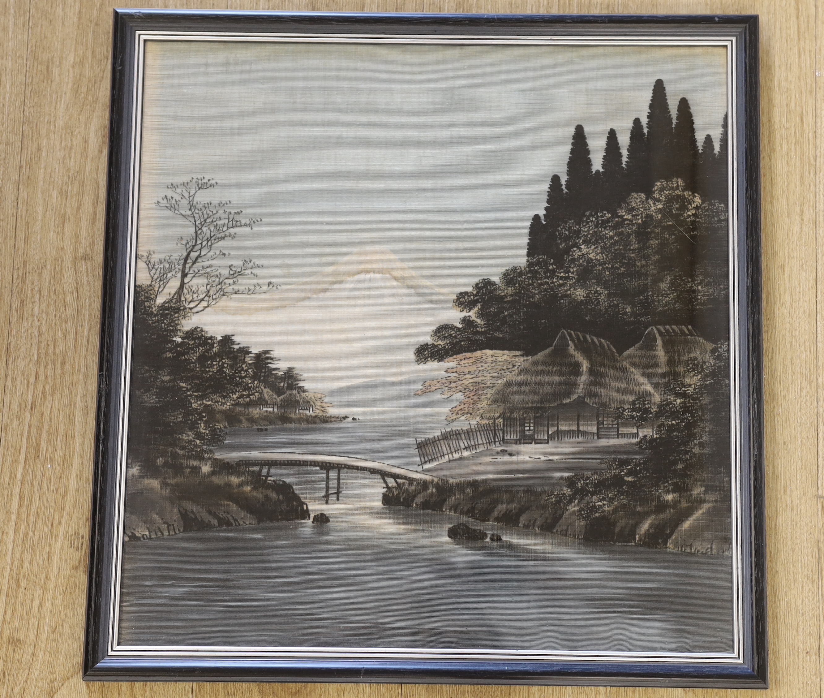 Early 20th century Japanese School, textile picture, Bridge before Mount Fuji, 54 x 52cm